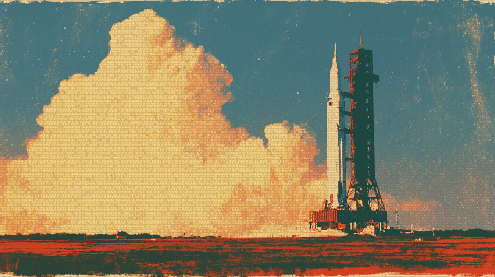 A retro screen-printed launch scene rendered in ASCII characters: a white rocket beside its red gantry tower under a towering cream cumulus cloud.