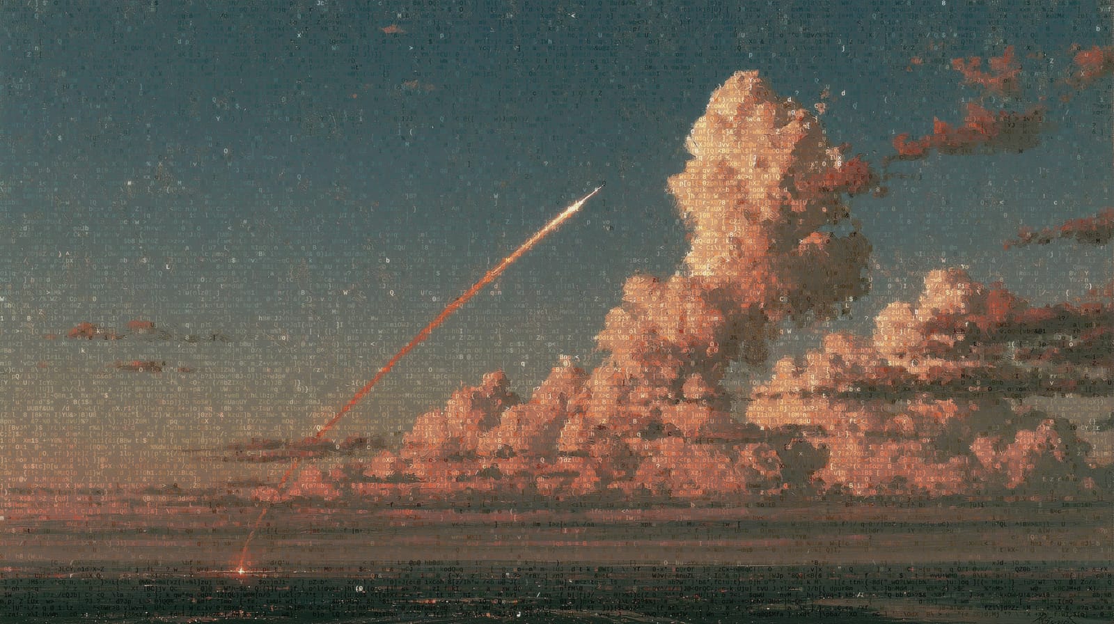 A dusk launch painted in ASCII characters: a rocket's bright contrail climbing past towering sunset cumulus over a dark sea.