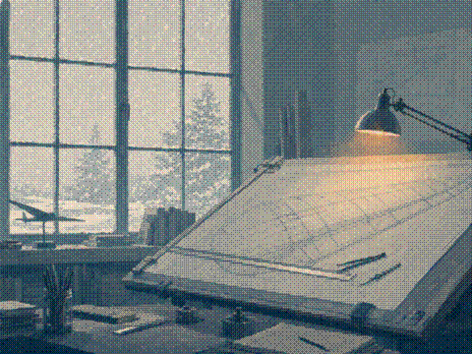 Painted drafting studio with blueprint curves on a tilted table and a warm desk lamp, snow falling outside the window.
