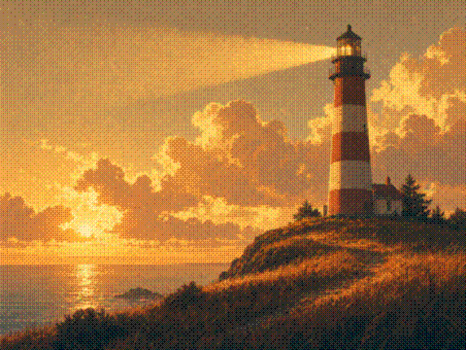 Painted striped lighthouse on a headland sweeping warm light across golden evening clouds.