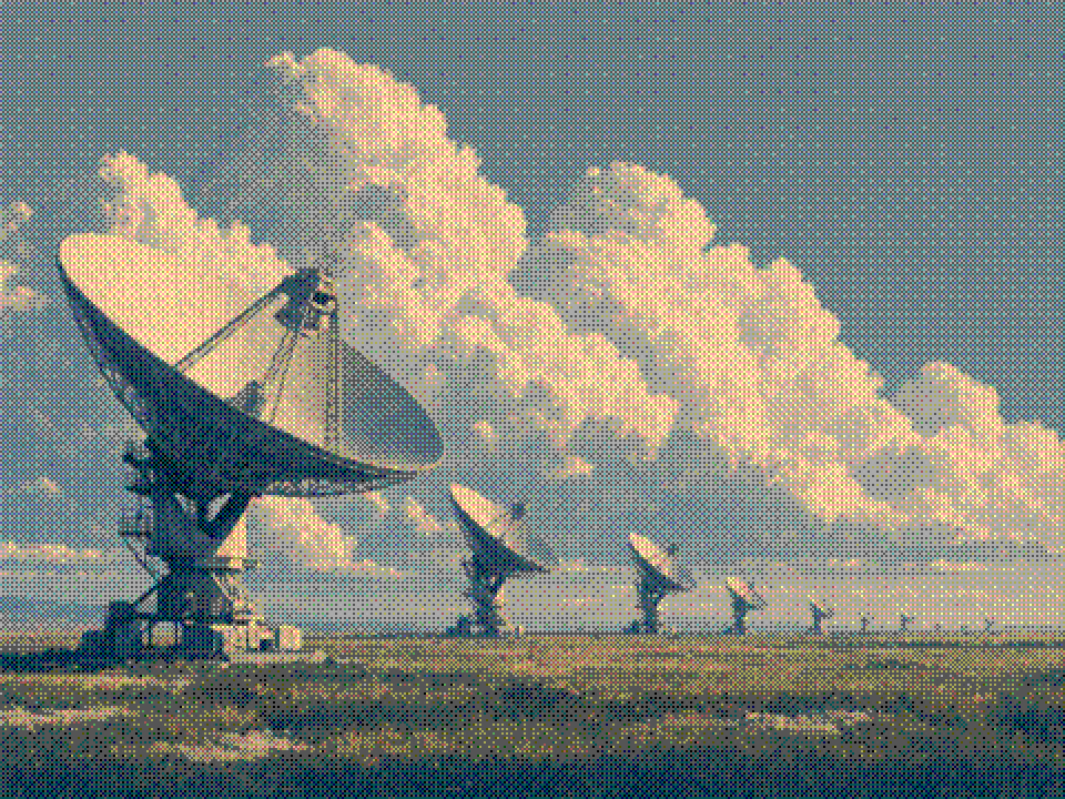Painted field of giant radio dish antennas on a grassy plain under cream cumulus clouds.
