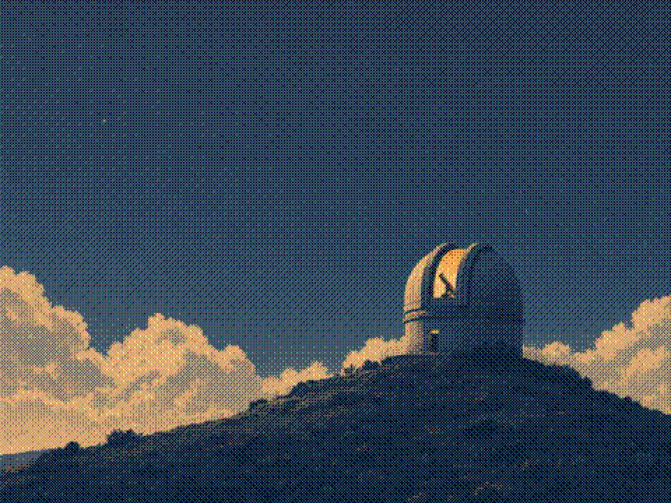 Painted observatory dome glowing warmly on a dark hill under the first stars of dusk.