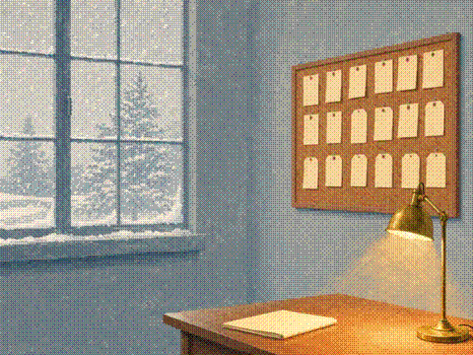 Painted winter office with a cork board of blank cream tags, a wooden desk, and a brass lamp beside a snowy window.