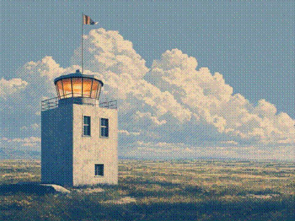 Painted mid-century airfield control tower on a grassy plain under cream cumulus clouds.